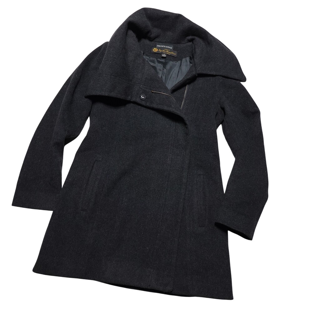 Saks Fifth Avenue Coat Womens 2 Gray Wool Loro Piana Zip Pockets Overcoat